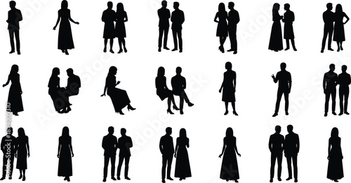 People silhouette collection showing men and women couples standing sitting talking in various social interaction poses vector