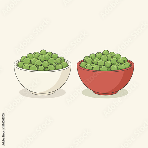 Cartoon Style Green Peas in White and Red Bowls