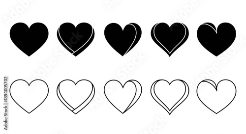 Collection of solid black and outline hearts in various styles representing love and affection.