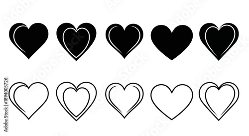 Collection of solid and outlined heart shapes representing love and affection.