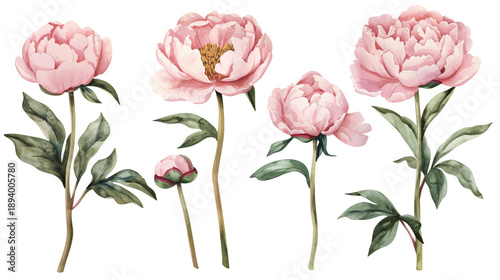 Set of pink peony flowers and a bud in delicate watercolor style. Aesthetic botanical elements isolated on a transparent background for bridal design and posters.