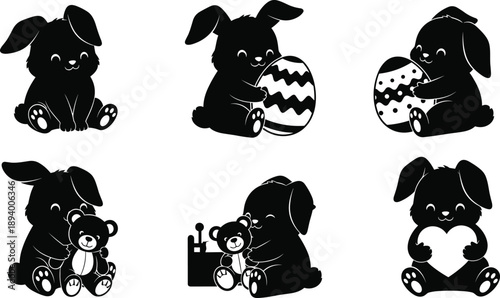 Easter sunday celebration with adorable black and white bunny rabbits and easter eggs
