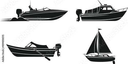 Boat silhouettes collection motorboat speedboat sailboat watercraft marine transport isolated black vector illustration set