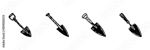 Shovel And Trowel Tools In Hand Drawn Style Set. Gardening And Landscaping Equipment Doodle Sketch Collection. Agricultural And Horticultural Tools. Isolated Vector Illustration