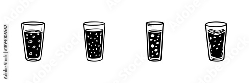 Four Glasses Of Soda In Hand Drawn Style Set. Carbonated Beverage, Refreshing Drink, Bubbly Soda Doodle Sketch Collection. Thirst Quenching Illustration. Isolated Vector Illustration