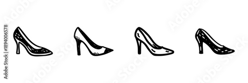 High Heel Shoes In Hand Drawn Style Set. Fashionable Footwear, Elegant Style, Women'S Fashion Doodle Sketch Collection. Stylish Accessories Illustration. Isolated Vector Illustration