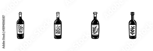 Four Wine Bottles With Botanical Labels In Hand Drawn Style Set. Vintage Wine, Organic Beverage, Artisan Craftsmanship Doodle Sketch Collection. Isolated Vector Illustration