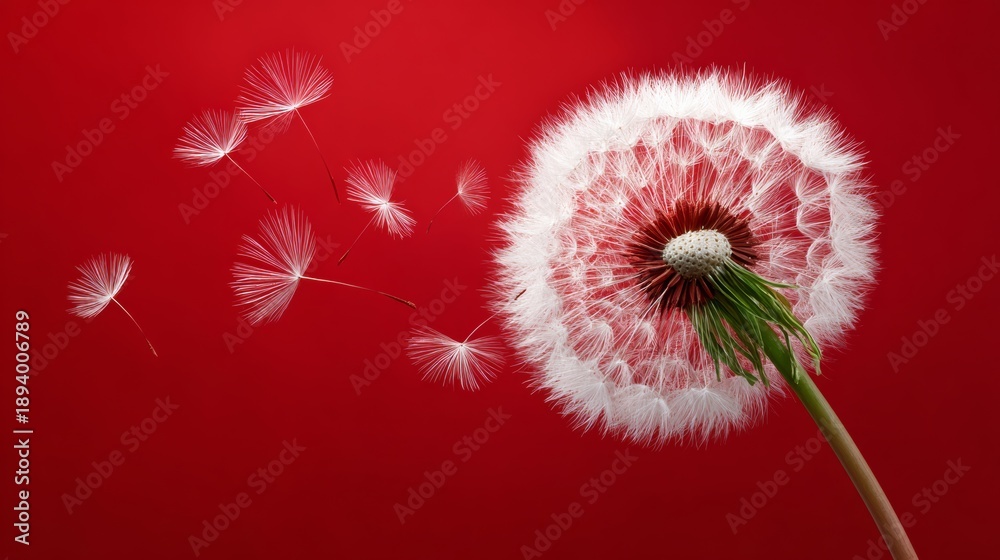 Fototapeta premium Ultra realistic close-up photo of a dandelion with delicate white seeds on a slender green stem, isolated against a vibrant red background with seeds dispersing in the wind