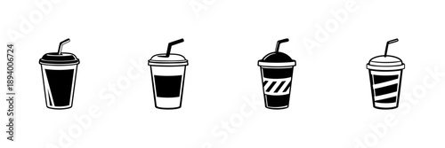 Four Takeaway Coffee Cups With Straws In Hand Drawn Style Set. Beverage To-Go, Cafe Culture, Refreshment Doodle Sketch Collection. Isolated Vector Illustration