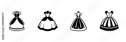 Princess Gown Icons In Hand Drawn Style Set. Elegant Fashion, Royalty, Fairytale Costume Doodle Sketch Collection. Vintage Dress Design. Isolated Vector Illustration