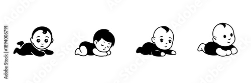 Baby Crawling And Sleeping Poses In Hand Drawn Style Set. Infant Development, Growth Stages, And Early Childhood Doodle Sketch Collection. Isolated Vector Illustration