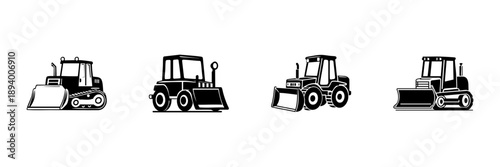 Bulldozer And Construction Vehicles In Hand Drawn Style Set. Heavy Machinery, Earthmoving Equipment, Industrial Work Doodle Sketch Collection. Construction Site Tools. Isolated Vector Illustration