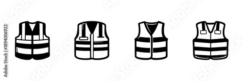 Safety Vest Icons In Hand Drawn Style Set. High Visibility, Protective Workwear, Construction Safety Doodle Sketch Collection. Industrial Safety Equipment. Isolated Vector Illustration