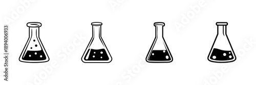 Laboratory Flasks With Liquid In Hand Drawn Style Set. Chemistry Experiment, Scientific Research, Chemical Analysis Doodle Sketch Collection. Educational Science Tools. Isolated Vector Illustration