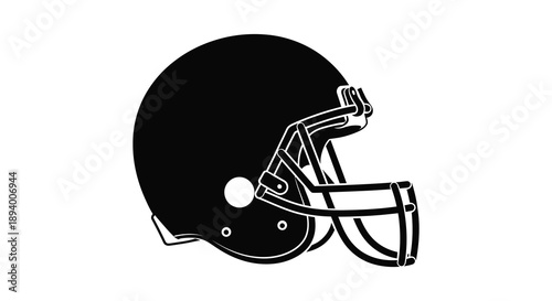 A striking black silhouette of an american football helmet is prominently displayed against a plain white background silhouette high quality