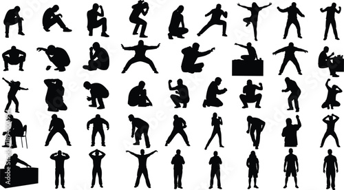 Male action silhouettes collection human body poses sitting jumping crouching fighting gestures isolated black vector illustration