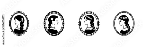 Silhouette Portraits Of Women In Hand Drawn Style Set. Vintage Elegance, Classic Beauty, Feminine Grace Doodle Sketch Collection. Floral Accents, Braided Hair. Isolated Vector Illustration