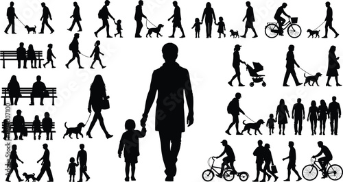 People walking silhouettes daily life activities family parents children dog walking cycling park scenes isolated vector illustration