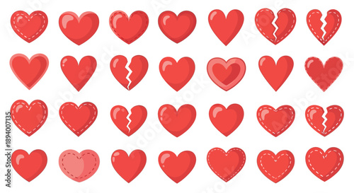 Collection of various red hearts with different styles and emotions displayed.