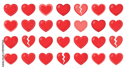 Collection of various red heart shapes including solid, broken, and stitched styles.