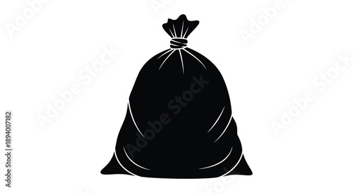 A stark black silhouette depicts a tightly tied sack overflowing with unseen contents against a white background silhouette high quality