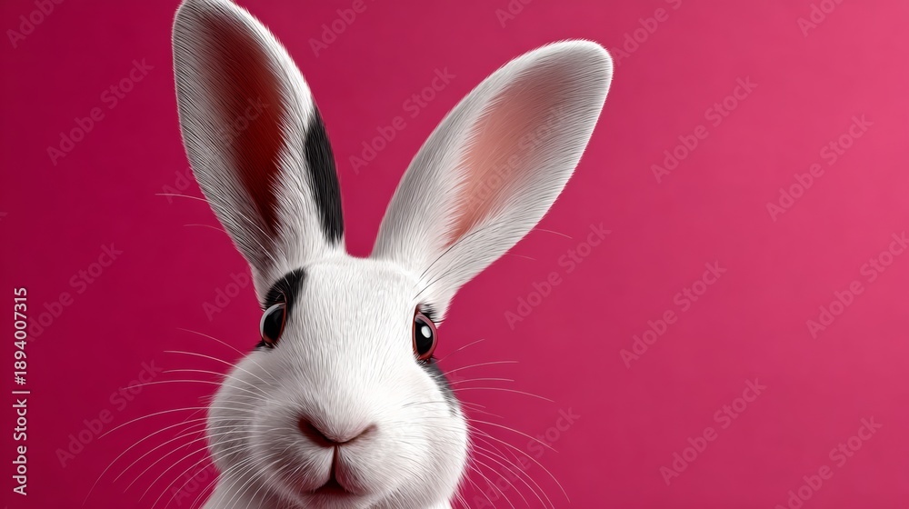 Obraz premium White rabbit with black markings peeking curiously against a vibrant pink backdrop, ideal for Easter-themed designs and spring projects, featuring ultra-photorealistic details and softbox studio light