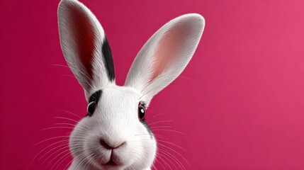 White rabbit with black markings peeking curiously against a vibrant pink backdrop, ideal for Easter-themed designs and spring projects, featuring ultra-photorealistic details and softbox studio light
