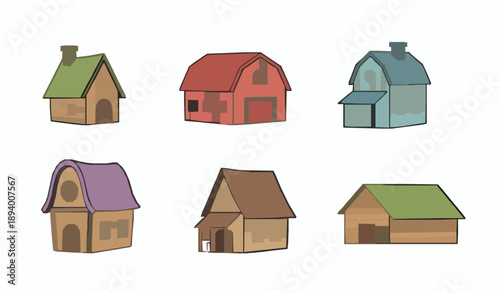 Rustic homestead house icon set with cute village cottages and farm buildings vector isolated on white