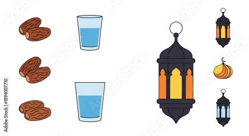 Ramadan kareem illustration with dates water glasses and lanterns for islamic holy month