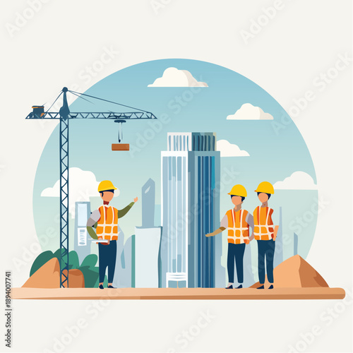 Construction site with architects and a crane, representing urban development and building projects