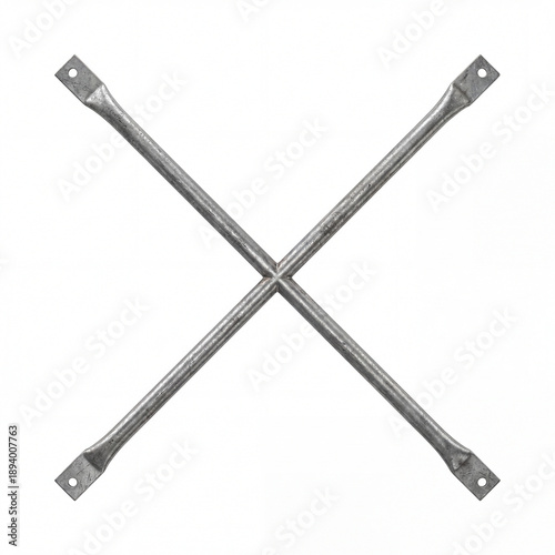 Metallic cross brace structure with four connecting points, showcasing industrial design and strength. Strong metal bracing features bolts at ends for durability and stability.