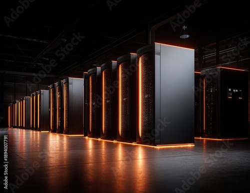 Dark data center hallway with servers lit orange