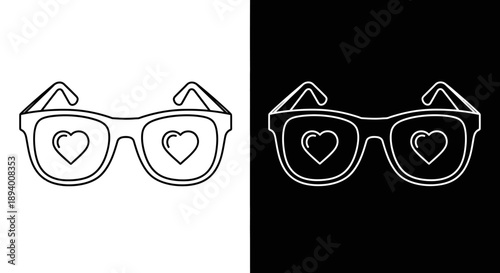 Stylish eyeglasses with heart shapes reflected in the lenses, presented in both black and white.