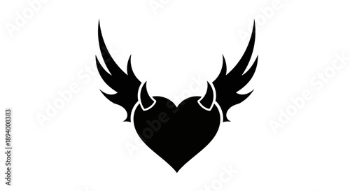 Black silhouette of a heart with devil horns and feathered wings.