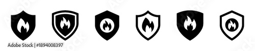 Set of shield icons with fire flame symbol, representing protection, safety, fire prevention, emergency services, and security, diverse styles for various applications