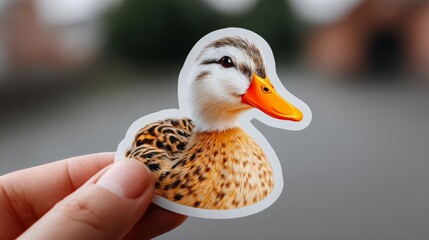 Realistic photo mockup of a hand holding an illustrated duck sticker with detailed feathers and vibrant colors, set against a blurred outdoor background
