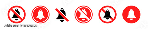 Set of six icons related to sound and alerts, featuring bells and prohibition signs. Includes ringing bells, silent bells, and crossed-out bells in red circles.
