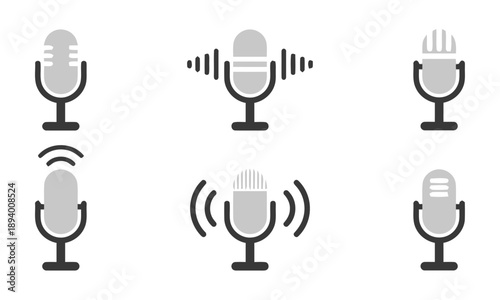 Set of six microphone icons in gray and black, showcasing different styles and sound wave elements, perfect for audio recording, broadcasting, or podcasting themes.