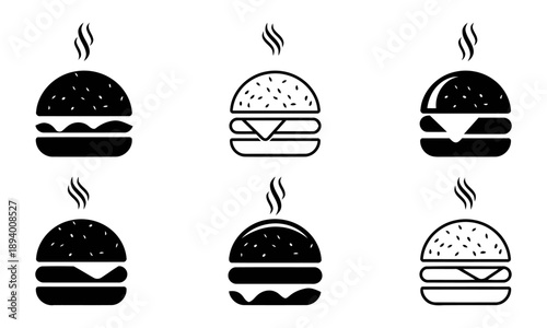 Set of six hamburger icons in silhouette and outline styles, representing fast food and american cuisine, on a white background, graphic design elements