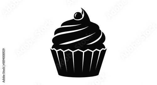 A detailed black silhouette depicts a frosted cupcake with a cherry on top representing a sweet treat silhouette high quality