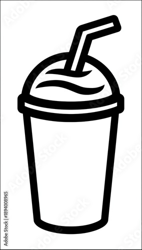 Simple black and white line drawing of a takeaway drink cup with a lid and straw