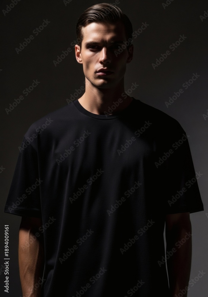 Fototapeta premium Young man wearing a black t-shirt standing against a dark background.
