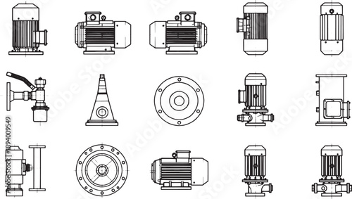 A collection of detailed, technical diagrams of industrial pumps and machinery components, illustrating their design and functionality with precision and clarity.