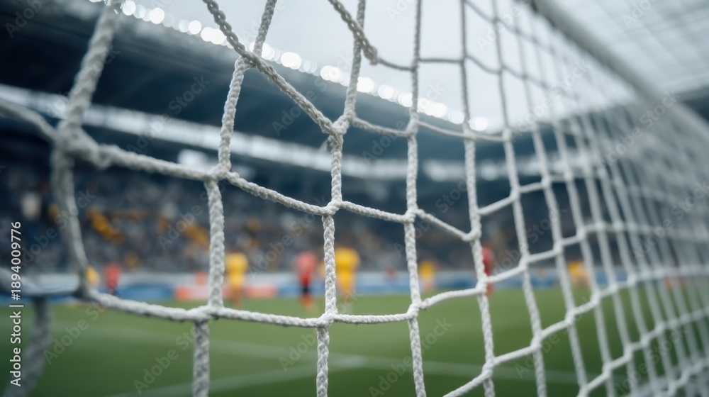 Fototapeta premium Close-Up Perspective of White Soccer Goal Net with Blurry Players in Background at Stadium