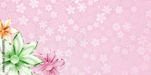 Crystal flowers in shades of green, pink, and gold on a soft pink background with white floral patterns.