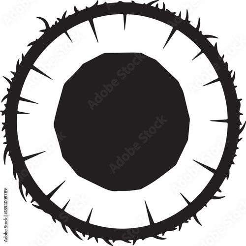 Circular geometric shape with sharp pointy thorns forming a crown or halo around a dark central circle, symbolizing sacrifice and redemption in a powerful black and white graphic illustration