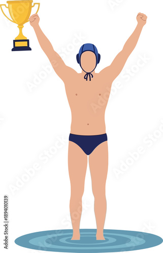 Water Polo Champion Celebrates Victory Holding Gold Trophy High Above Head in Pool trophy