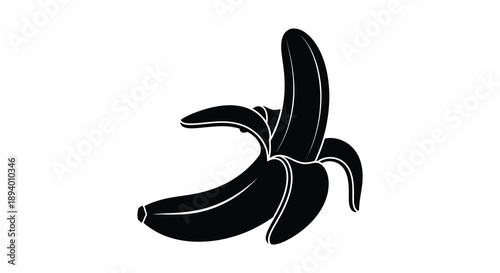 A striking black silhouette depicts a partially peeled banana with distinct curves and form showcasing a simple silhouette high quality