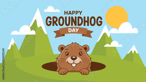 happy groundhog day illustration with cute groundhog in burrow mountain landscape and sunny spring celebration design