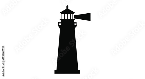 A striking black silhouette of a classic lighthouse with a prominent lantern room and sweeping beam silhouette high quality professional
